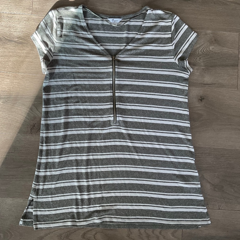 Thyme Maternity Gray and White Striped Short Sleeve Tee
